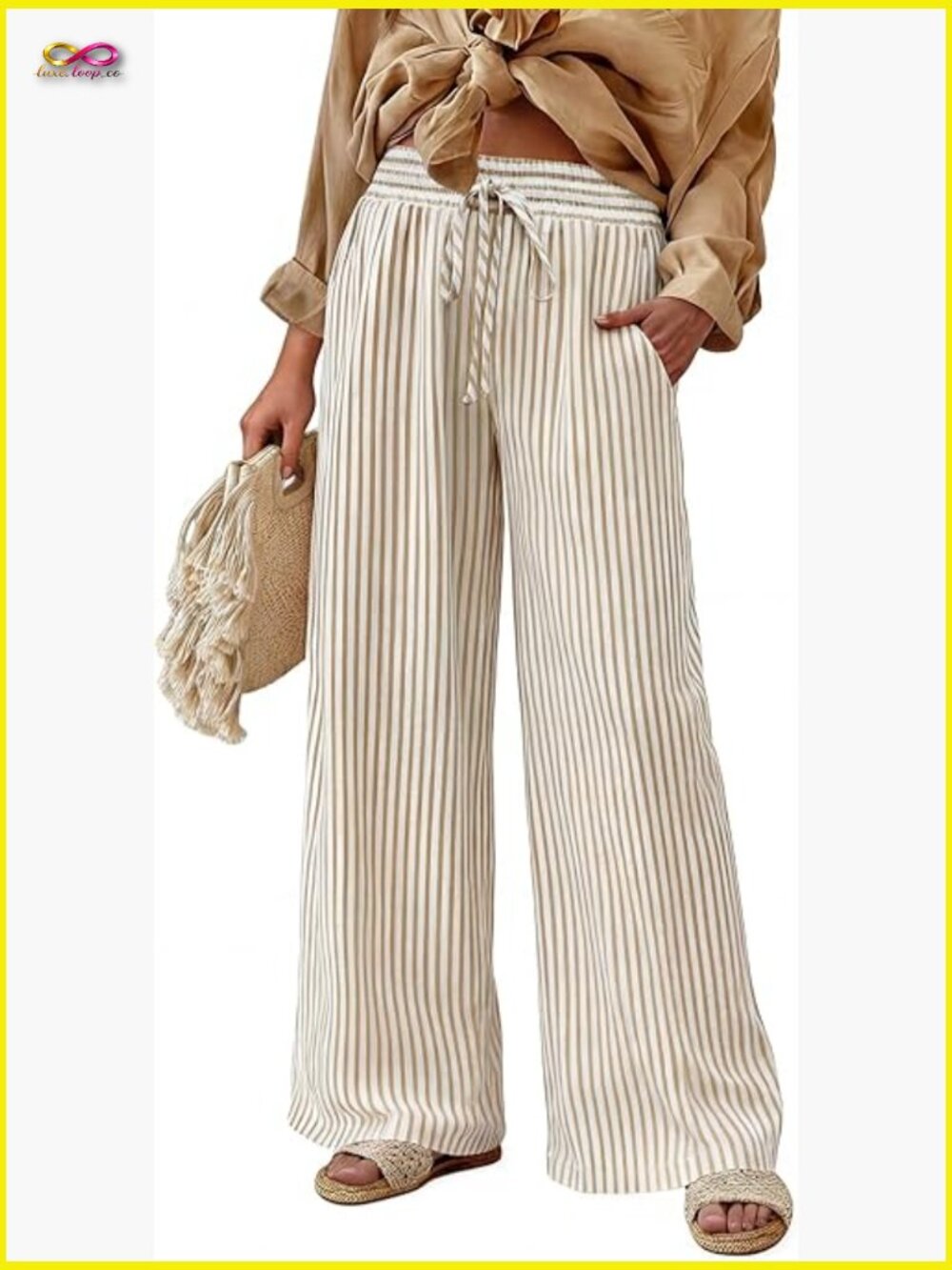 Striped Wide Leg Palazzo Pants High Waisted Elastic Drawstring Lounge Trousers